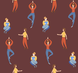 Pastime - seamless raster pattern of female characters at leisure. Bright warm colors on a vine background.