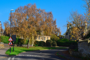 Autumn street with an old English house, next to a birch tree.
