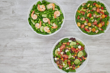 Shrimp Edamame Salad, Mediterranean Couscous Salad, and Grilled Chicken & Avocado Salad.