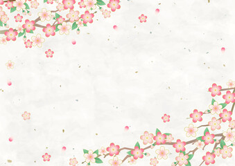 満開の桜と和紙の背景素材、ベクターイラストフレーム / A4　横