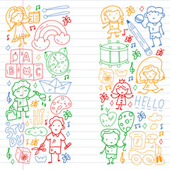 Vector pattern. School and online education. Little boys and girls play and grow together.