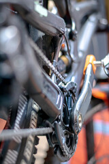 Fototapeta premium Objects tools and parts of a bicycle and the workshop where it is being fixed. 