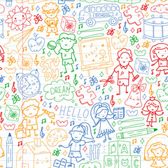 Vector pattern. School and online education. Little boys and girls play and grow together.