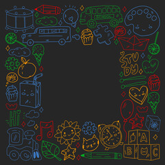 Vector pattern. School and online education. Little boys and girls play and grow together.