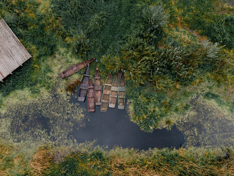 old boats on the river in poland, Bierza river, Goniadz town, Bierzanski Park Narodowy