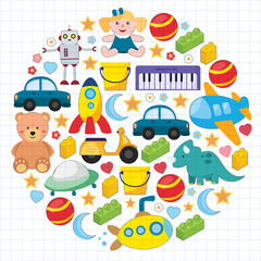 Vector pattern with the collection of toys. Doll, submarine, plane, ship. Children and kindergarten illustration.