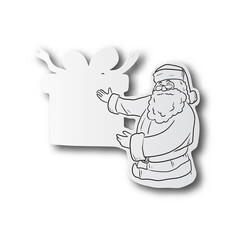 black line hand drawn of Santa claus presenting blank gift box on cut paper with shadow isolated on white background. Copy space.