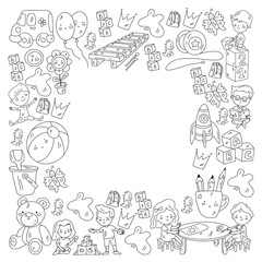 Children play with toys in the kindergarten. Kids playground. Education, creativity, imagination.