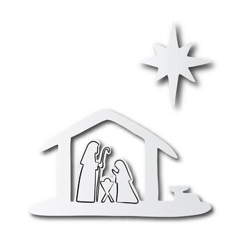 black line hand drawn of Christmas Christian Nativity Scene of baby Jesus in manger with Mary and Joseph on cut paper with shadow isolated on white background