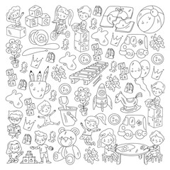 Children play with toys in the kindergarten. Kids playground. Education, creativity, imagination.