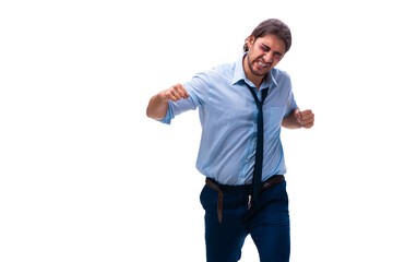 Young unhappy male employee isolated on white