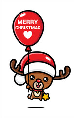 cute reindeer character wearing santa costume flying with a balloon