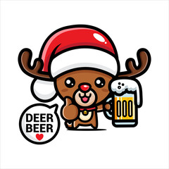 cute reindeer character in santa claus costume drinking beer