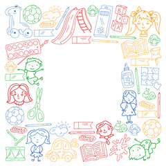 Kindergarten. Vector pattern with toys and small children. Preschool education.