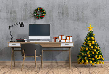 Christmas interior workspace with computer. 3d render