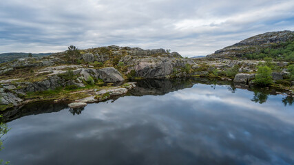 Fototapeta na wymiar Beautiful Norway landscape with a lake at Preikestolen, Pulpit Rock, Norway
