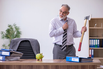 Old male employee holding hatchet in budget planning concept