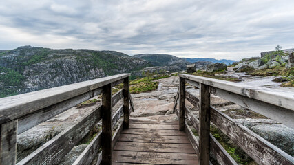 Beautiful Norway landscape with a wooden bridge at Preikestolen, Pulpit Rock, Norway