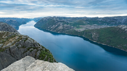 Obraz premium Beautiful Norway landscape with a fjord at Preikestolen, Pulpit Rock, Norway
