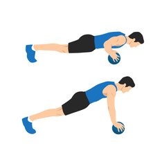 Medicine ball push ups exercise. Flat vector illustration isolated on white background. Chest exercise