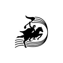 Music hero logo concept. Horse knight holding music note in black color for musical mascot logo template