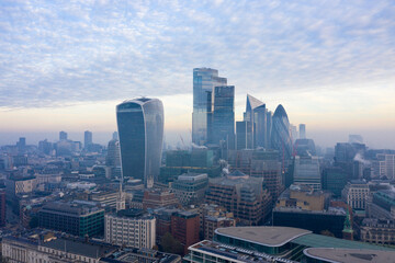 This panoramic photo of the City Square Mile financial district of London shows many iconic skyscrapers including the newly completed 22 Bishopsgate tower