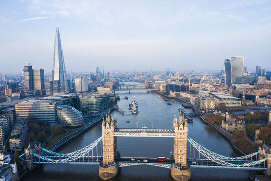 Aerial view of the Tower Bridge in London. One of London's most famous bridges and must-see landmarks in London. Beautiful panorama of London Tower Bridge.