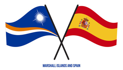 Marshall Islands and Spain Flags Crossed & Waving Flat Style. Official Proportion. Correct Colors.