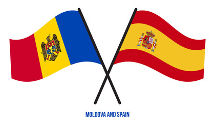 Moldova and Spain Flags Crossed And Waving Flat Style. Official Proportion. Correct Colors.