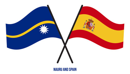 Nauru and Spain Flags Crossed And Waving Flat Style. Official Proportion. Correct Colors.