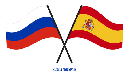 Russia and Spain Flags Crossed And Waving Flat Style. Official Proportion. Correct Colors.