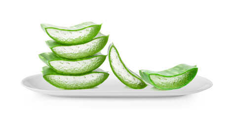 Aloe vera slice in white plate on white background