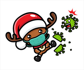 the cute santa reindeer character wearing a mask kicks a virus