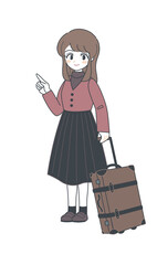 旅行用のレトロなトランクを引きずるおねえさん・指差し・ベクター