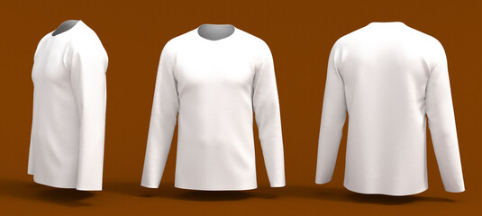 men's white longsleeve t-shirt mockup in front, side and back views, design presentation for print, 3d illustration, 3d rendering