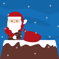 Santa Claus in chimney on house roof with present bag