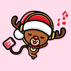 The cute santa reindeer character is listening to music casually