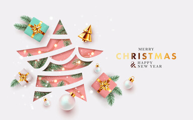 Xmas modern design with paper cut Christmas Star, 3d realistic golden blue, white and pink gifts, pine branches and balls on white background with falling snow. Holiday card, poster, cover, web banner