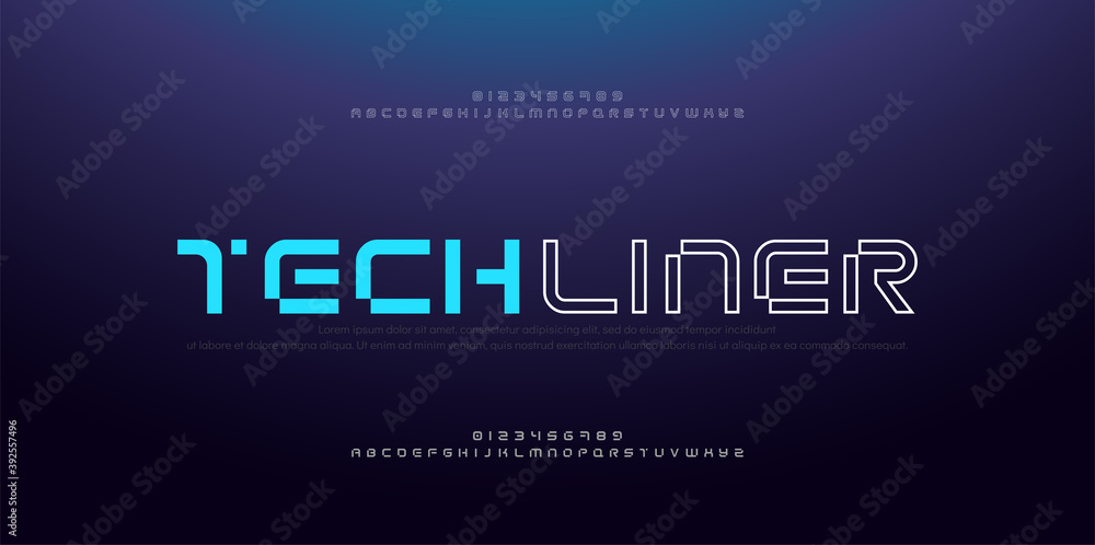 Aufkleber abstract modern thin line font alphabet. technology digital neon fonts and numbers. typography typef