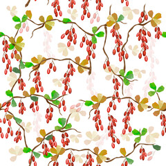 Seamless pattern with berries of barberry on branches with leaves on a green background, for printing on fabric, paper. Autumn berries