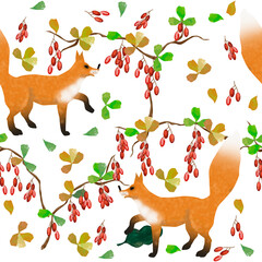 
Seamless pattern on white background, red fox and barberry bush with red berries