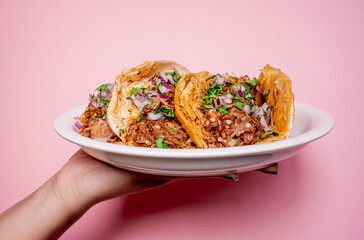 Delicious Mexican birria tacos with coriander and onion on top in a white plate held by one hand.