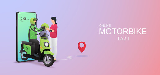 Online motorbike taxi concept. Pick up costomer with scooter. can us for website, app design, banner and print template. Vector illustration © ommus