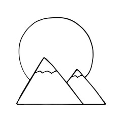 mountains and sun. icon, card, poster, sticker. sketch hand drawn doodle. vector monochrome minimalism. nature, landscape.