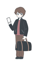 旅行カバンを持つおにいさん・スマホ操作・ベクター