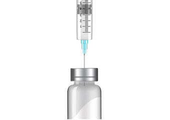 Bottle Mock up Realistic and Vaccine Syringe flu shot on White Background with Packaging. Hospital Tool design Vector Illustration. Medical and Health Concept.