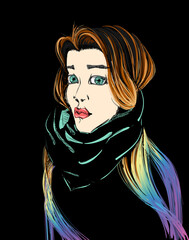 A Portrait of a Beautiful Girl with a Long Dyed Hair and Scarf, Fashion Illustration. Freehand Vector Drawing. Free Hand Sketch. Women's Hairstyle Design.	