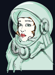 The Portrait of a Beautiful Astronaut Woman in a Spacesuit Helm. Spaceman Exploring New Stars. Redhead Girl with a Short Haircut and a Helmet. Freehand Drawing. Free Hand Draw. Vector Illustration.