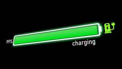 Electric Charging Progress bar, electric vehicle or phone battery indicator showing an increasing battery charge. The battery indicator shows it fills up to 99%