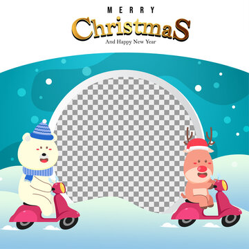 Merry Christmas Background with Polar Bear and Reindeer ride scooter.blank photo.Holiday Social media post,Christmas sale, greeting card template vector.